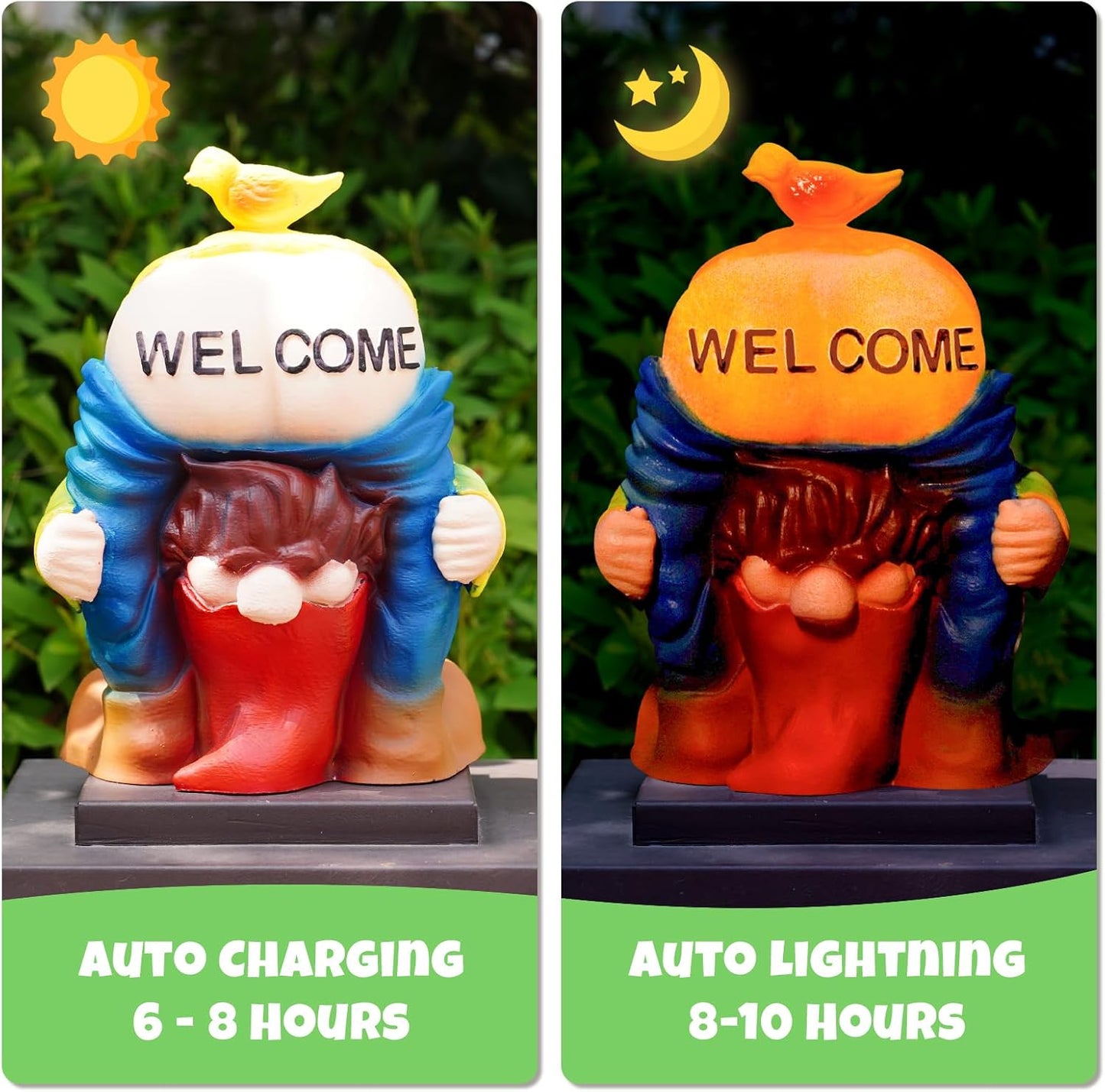 Solar Garden Statues Lights, 8.5" Cute Outdoor Gnome Figurine with Auto On/Off for Yard Patio Decor, Gifts for Women, Grandma, Mom, Housewarming (Welcome Gnome)