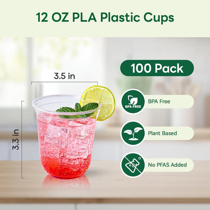 Vplus 12 oz Compostable Clear Plastic Cold Cups, 100 Pack Biodegradable Disposable Cups, BPA & PFAS Free, Plant-Based Plastic Cups for Juice, Wine, Parties, Weddings, and Everyday Use