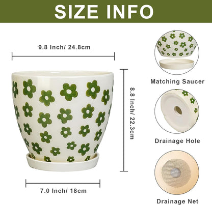 Ceramic Flower Pot - 10 Inch Plant Pot Indoor with Drainage Hole and Saucer, Boho Round Ceramic Planter for Indoor Outdoor Plants, Plant Lover Gifts, Home Garden House Decor, White