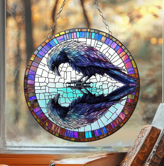 Raven Reflection Acrylic Suncatcher, Gothic Crow Window Hanging for Halloween and Dark Academia