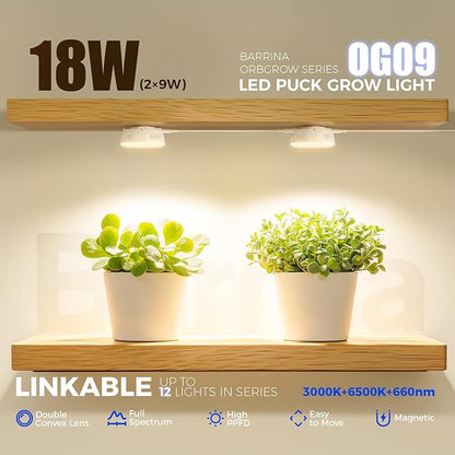 Barrina Orbgrow OG09 Puck LED Grow Light with 660nm Red LEDs, 18W(2 x 9W, 270 Watt Equiv), Plant Lights for Indoor Plants Full Spectrum, Magnetic & Linkable, Small Grow lamp for Plant Shelf, 2 Packs