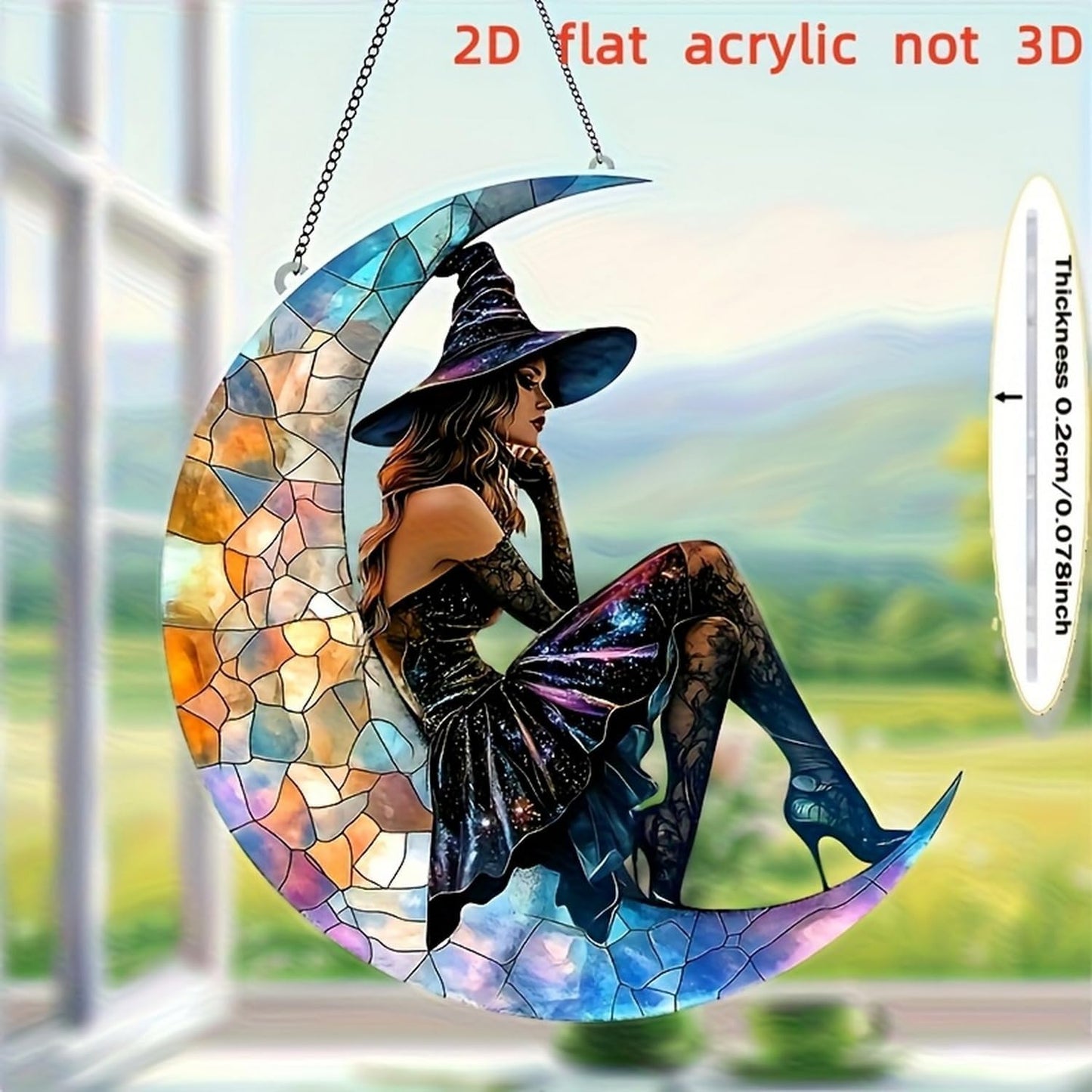 7.8inch Moon Witchs Suncatcher Acrylic Stained Glass Window Hanging Wall Art Ornament Halloween Window Suncatchers Garden Home Indoor Outdoor Decor for Women Friends Party Gift