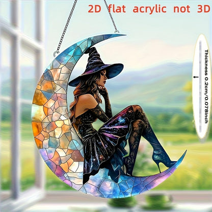 7.8inch Moon Witchs Suncatcher Acrylic Stained Glass Window Hanging Wall Art Ornament Halloween Window Suncatchers Garden Home Indoor Outdoor Decor for Women Friends Party Gift