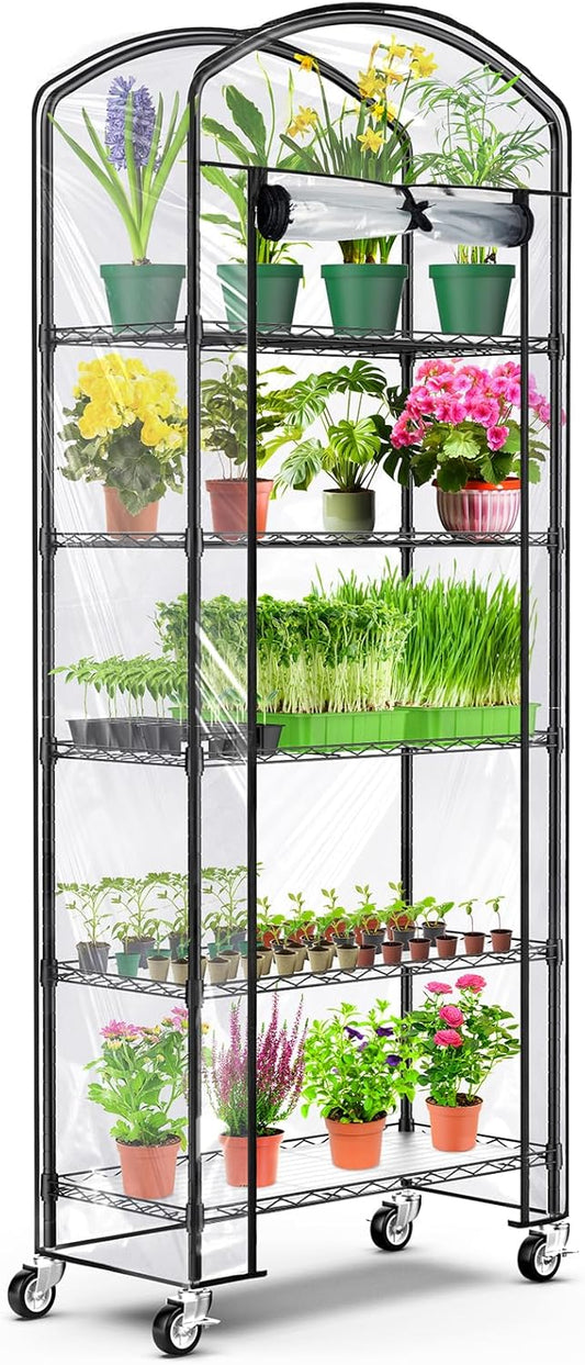 Abimars 5-Tier Greenhouse with Caster Wheel, Each Shelf Height Adjustable Metal Plant Shelf with