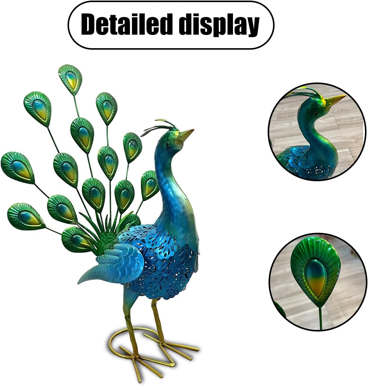2 Pack Beautiful Peacock Outdoor Garden Statue Ornament Realistic Metal Peacock Lawn Yard Patio Decorations Art Sculpture Outside Decor Gift for Women Grandma Birthday,16" 20" Tall Blue Peacock