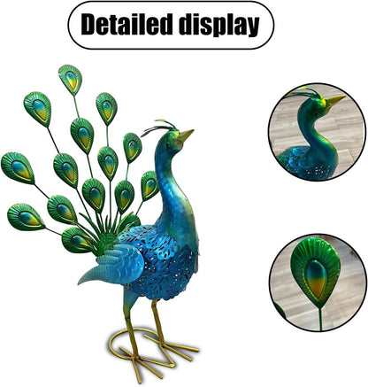 2 Pack Beautiful Peacock Outdoor Garden Statue Ornament Realistic Metal Peacock Lawn Yard Patio Decorations Art Sculpture Outside Decor Gift for Women Grandma Birthday,16" 20" Tall Blue Peacock