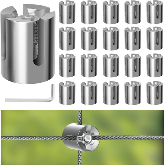 20 Pack Wall Trellis Wire Clamps & Cross Cable Clamps, T316 Stainless Steel Heavy Duty (0.66" OD) for 1/8" Rope, No Drilling Wire Trellis Kit for Outdoor Climbing Plants & Fence