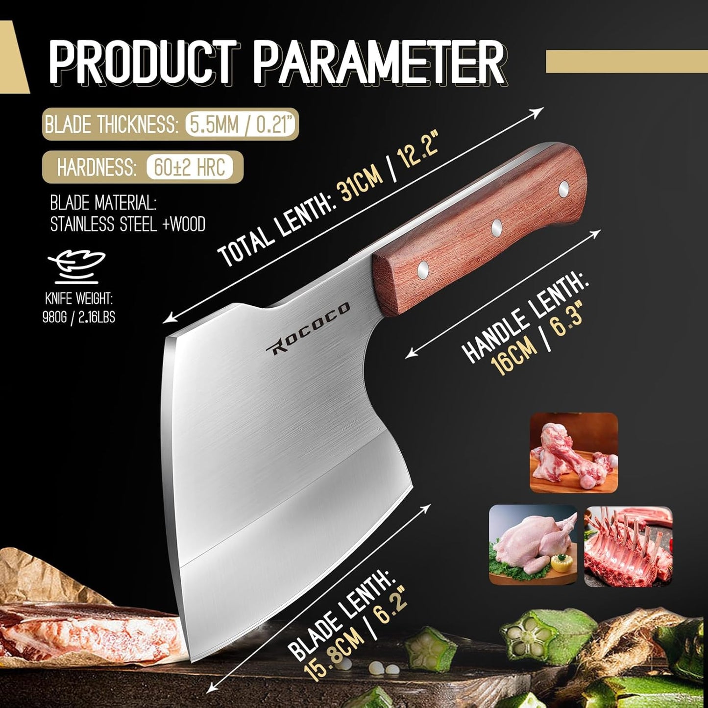 ROCOCO Meat Bone Cleaver Knife for Meat Cutting Heavy Duty Butcher Axes Hand Forged Full Tang Chopper for Kitchen Thanksgiving Christmas Gifts Idea Men Silver