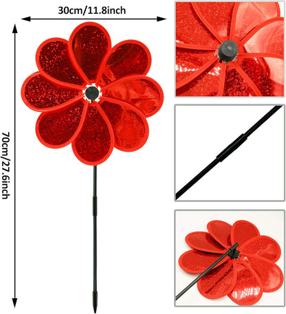 4PCS Flower Wind Spinner Sparkly Lawn Pinwheel 11.8 inch Red Garden Windmill for Garden, Party, Christmas Outdoor, Yard Decor