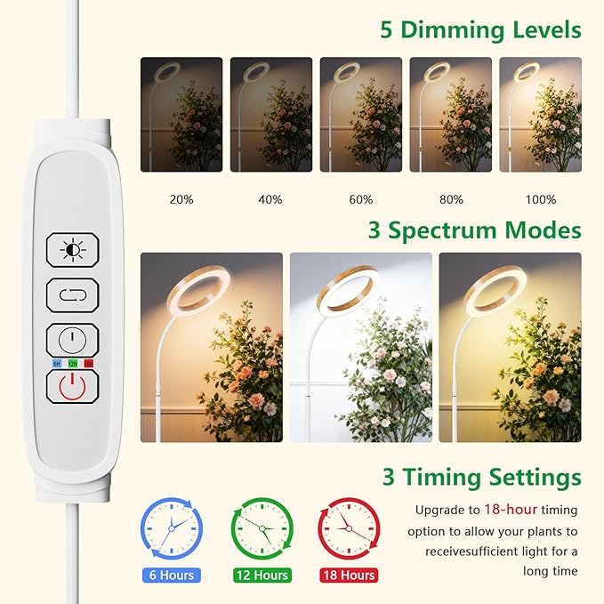Full Spectrum Grow Light with Stand for Indoor Plants, Floor Plant Light, 6/12/18H Timer, 3 Color Modes, Adjustable Height 16.5–68in, for Large Plants & Home Décor(Tri-Head,Faux Wood Grain)
