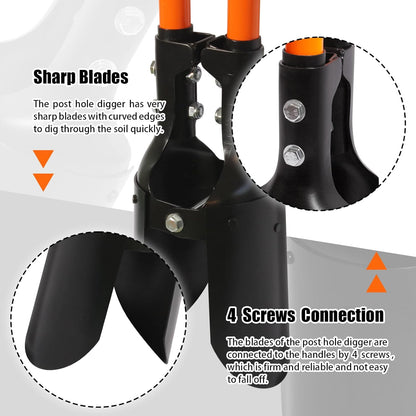 Post Hole Digger, Heavy Duty with Fiberglass Handle, Carbon Steel Blades, 58 Inches, Orange & Black