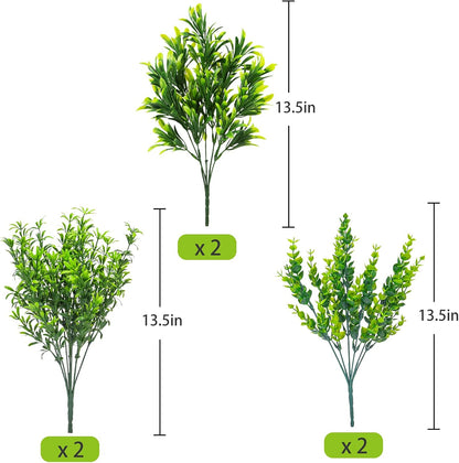 Ouddy Decor 6 Bundles Artificial Greenery Stems Mixed Fake Plastic Plants Eucalyptus Rosemary Faux Magnolia for Outdoor Indoor Garden Home Window Box Decor