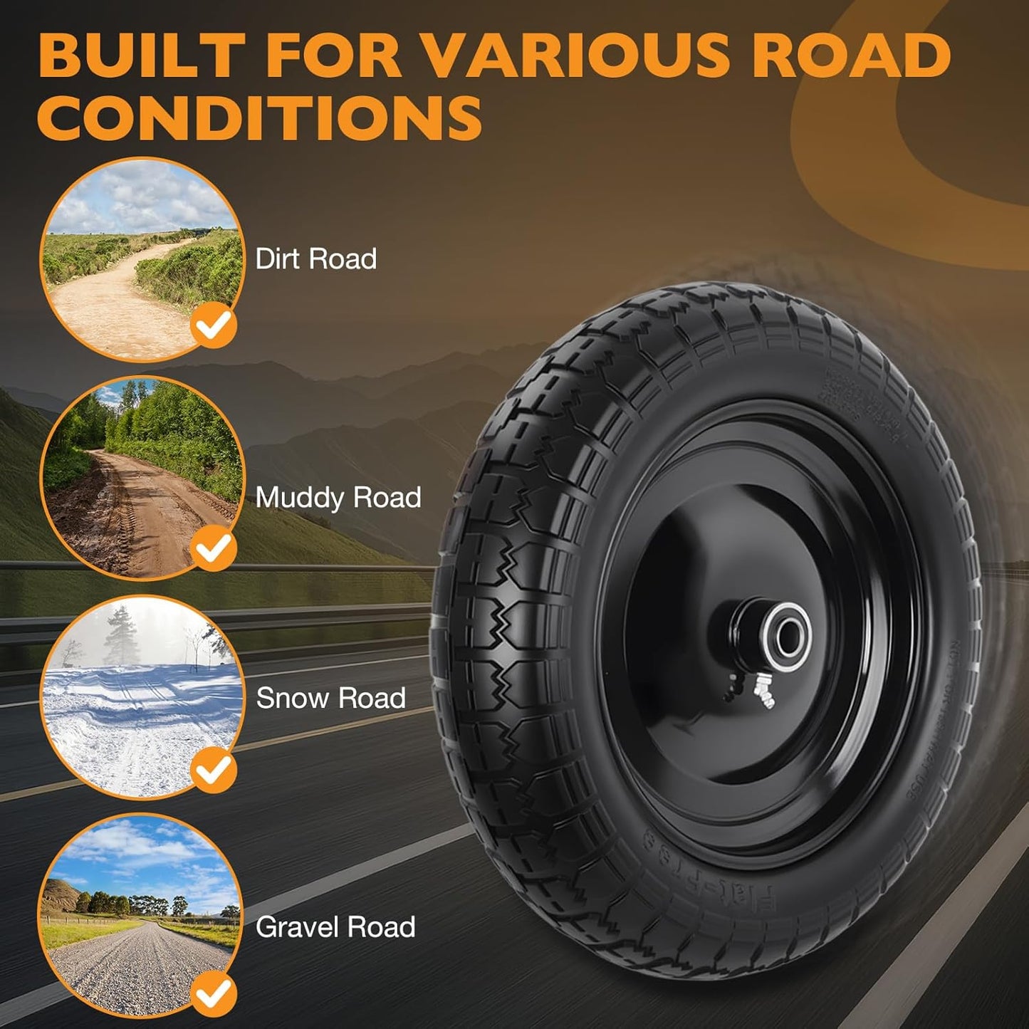 HQPASFY 14.5" Flat Free Tire 4.80/4.00-8 Wheelbarrow Tire and Wheel, 3" Centered Hub, 5/8" & 3/4" Bearings Replacement for Wheelbarrows, Garden Carts, Dump Carts, Lawn Equipment