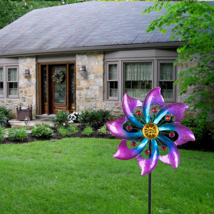 VEWOGARDEN Garden Metal Flower Wind Spinners Outdoor, Kinetic Wind Sculptures & Spinners for Yard Lawn Patio Decorations, Blue & Purple