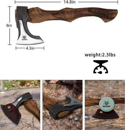 Splitting Axe, 14.8 - inch Camping Hatchet with Leather Sheath, Chopping Axe 1055 High Carbon Steel and Beech Wooden Handle