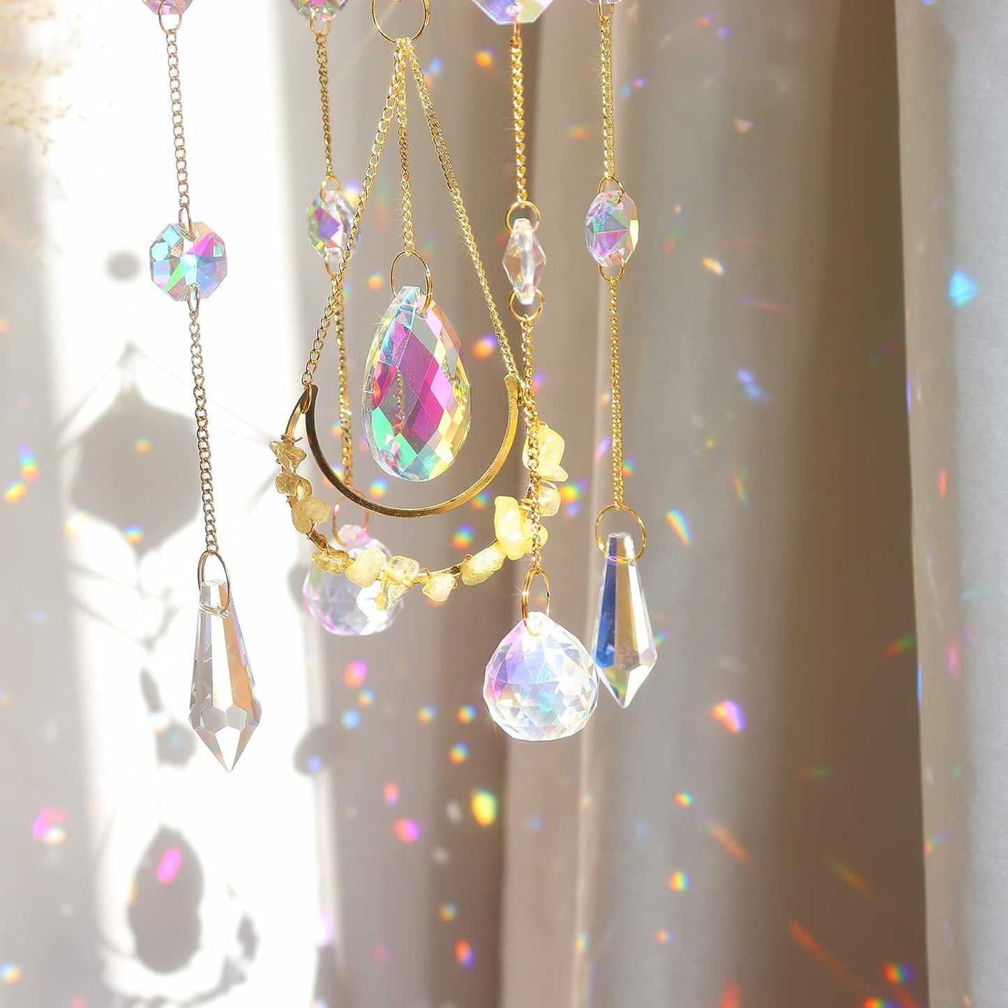 Citrine Crystal Suncatchers Colorful Prisms Windows Decor Garden Wind Chimes with Chain Pendant for Wedding Party Indoor Outdoor Decorations