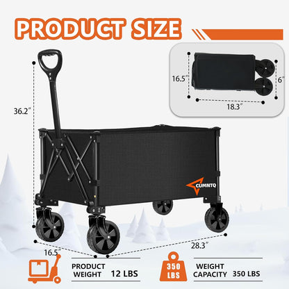 Collapsible Folding Wagon, 350lb Weight Capacity Collapsible Wagon with All-Terrain Wheels, Cup Holders and Adjustable Handle Utility Wagon, for Grocery Camping Garden Sports Shopping, Black