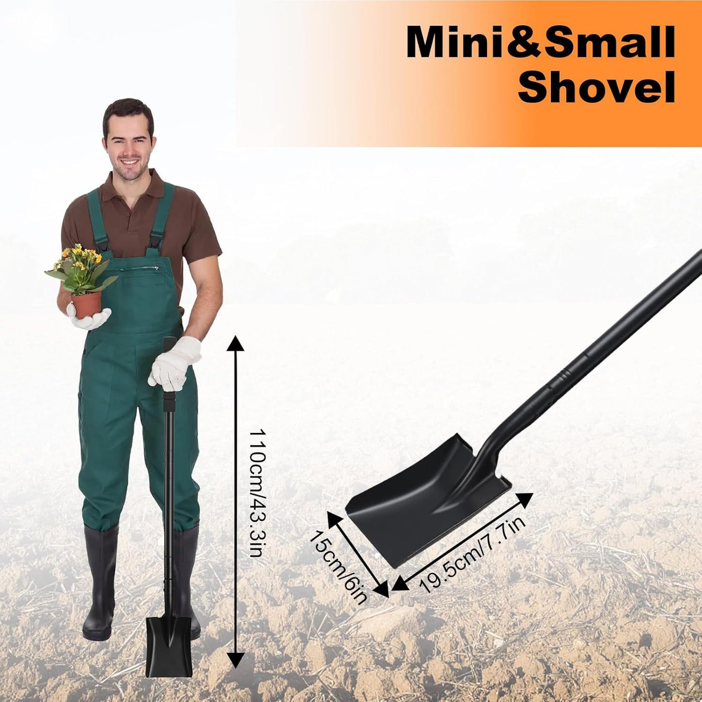Small Square Shovel 43.3Inches Small Shovel with Metal Handle Garden Tool for Camping Farming Gardening Digging, Black