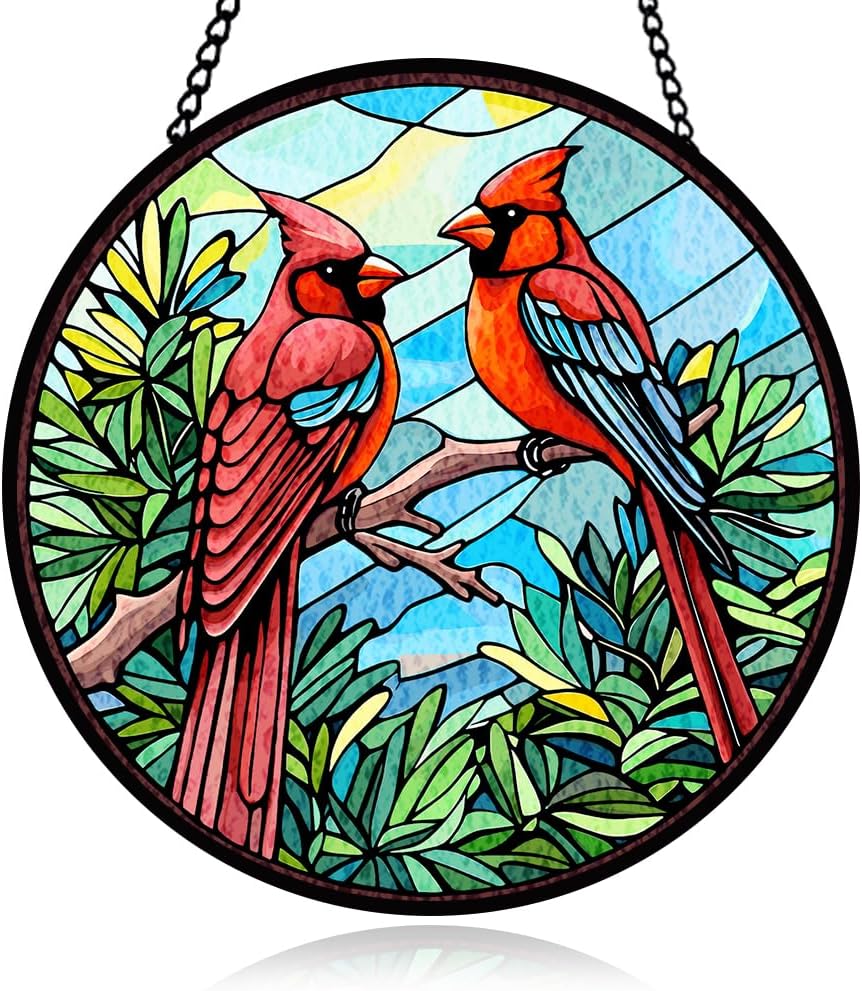 Red Bird Stained Glass Window Hanging, Red Sun Catcher for Window, Botanical Hanging Ornament to Express Sympathy, Bird Bloom Ornament for Wall, Home Decoration, Sympathy Ornament Gifts for Women Men