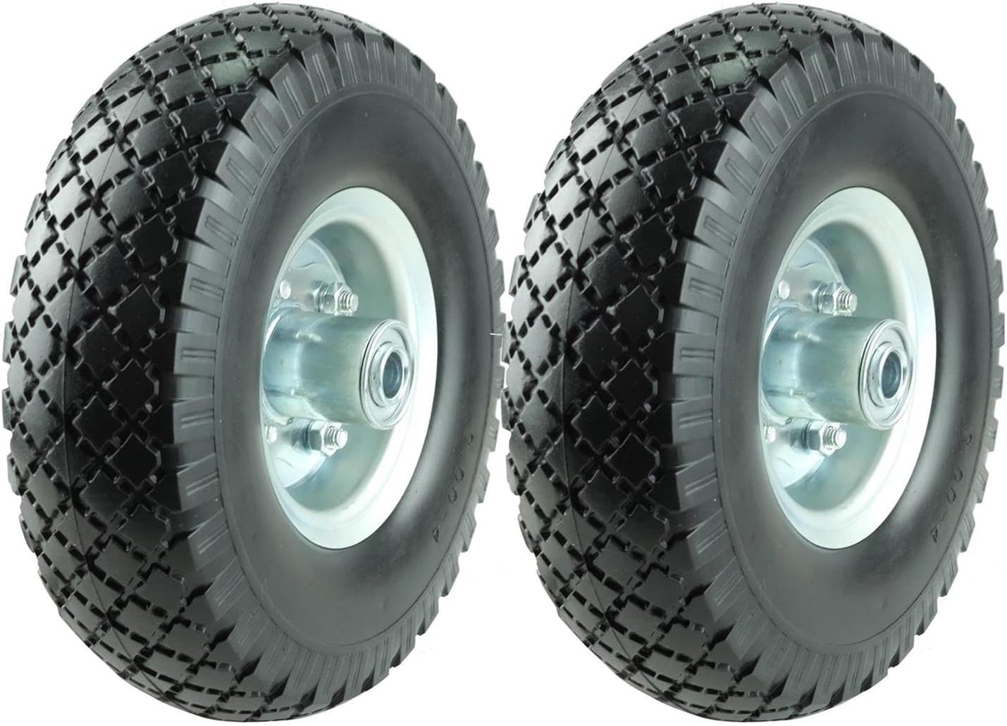 KF4003 Twin Pack 10-Inch Solid Rubber Tire Wheels Replacement 3.00-4 Tires Wheels Flat Free with 5/8" Bearings 2.15" Offset Hub Perfect for Hand Truck Wheelbarrow Garden Cart Non-Flat