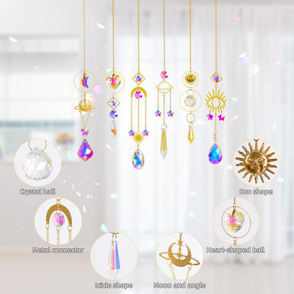 Sun Catchers 6Pieces Colorful Crystals Suncatcher with Chain Pendant Ornaments Hanging Crystals Prism Rainbow for Window Home Indoor Outdoor Car Mirror Garden Christmas Day Party