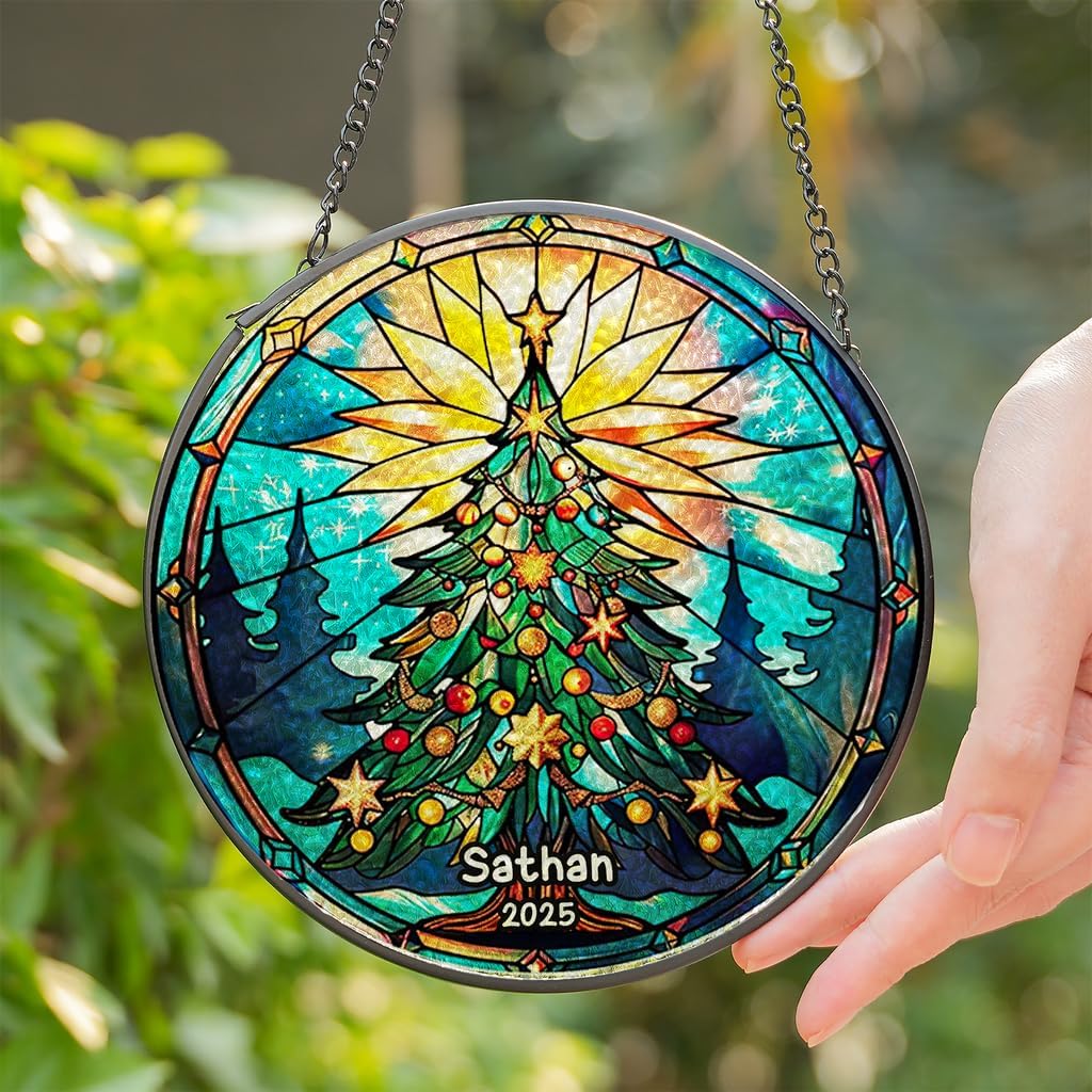 Personalized Stained Glass Christmas Tree Suncatcher, Christmas Handcraft Holiday Ornament with Name and Number, Gift for Family or Friend, Gift for Décor