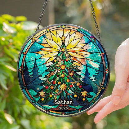 Personalized Stained Glass Christmas Tree Suncatcher, Christmas Handcraft Holiday Ornament with Name and Number, Gift for Family or Friend, Gift for Décor