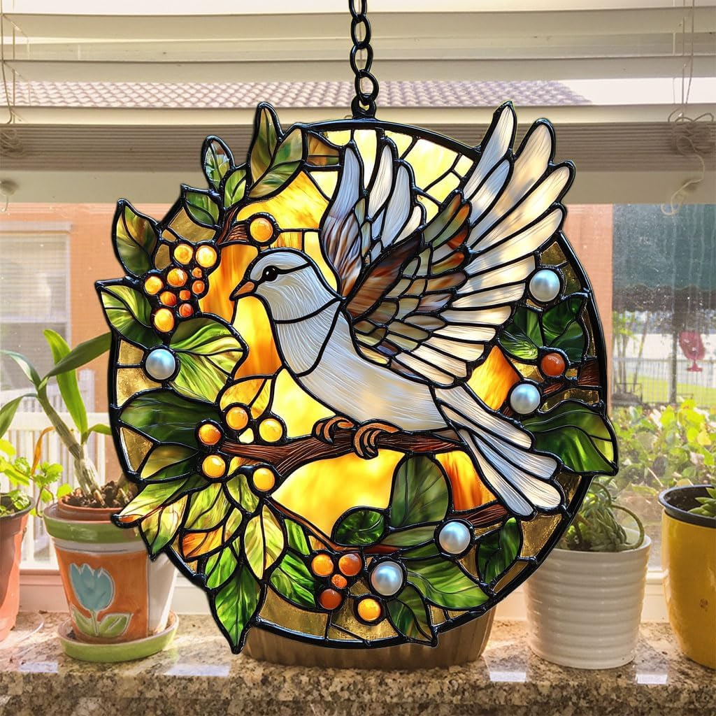 Peaceloving Dove Acrylic Suncatcher Stained Glass Effect Window Car Hanging Christmas Ornament Indoor Outdoor Decor Garden Sun Catcher Panel for Acrylic Suncatcher Lover for Women Mom Grandma