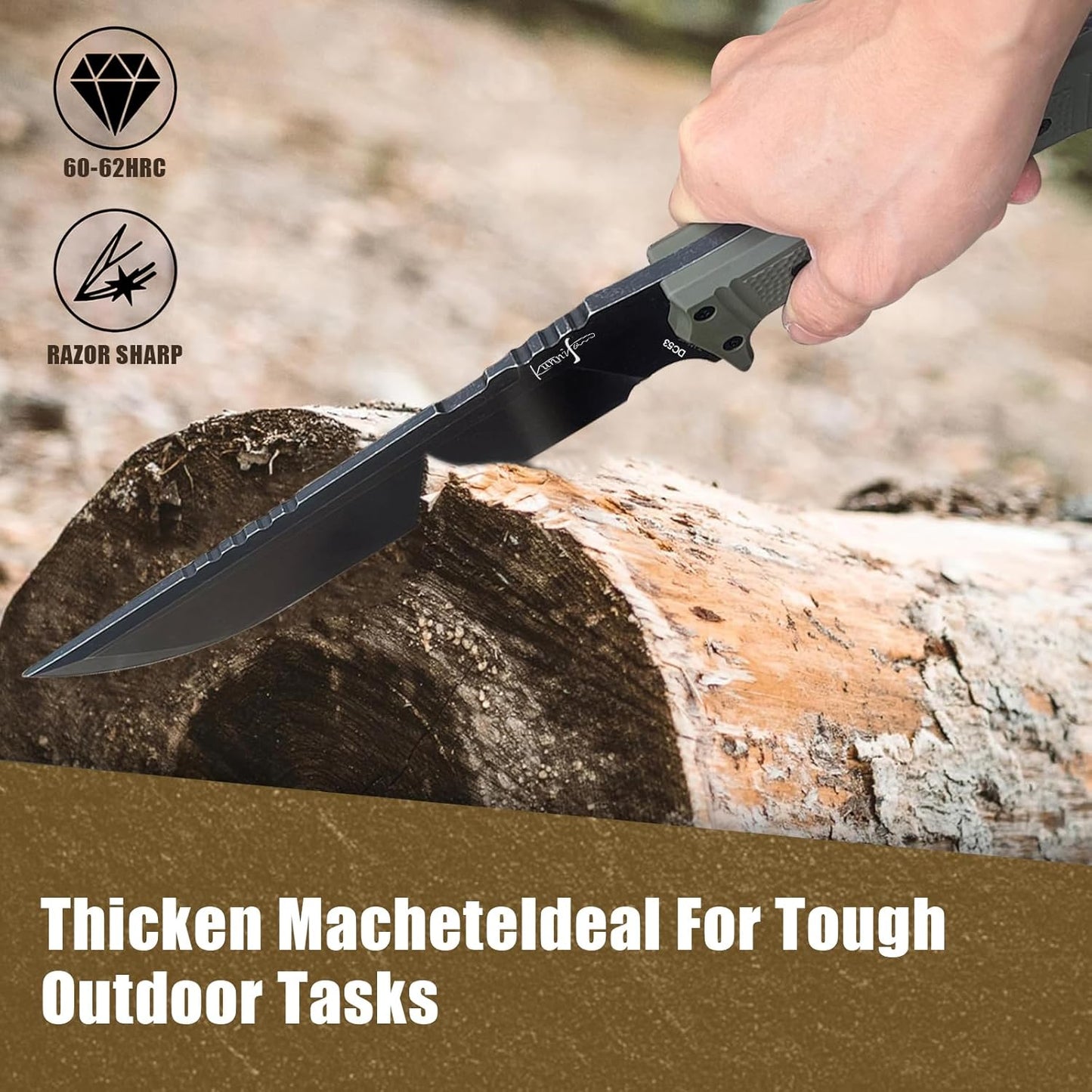 Machete w Kydex Sheath, 15'' Camping Machetes for Cutting Trees Heavy Duty,DC53 Steel Blade - 62 HRC, Full Tang Survival Machete w Firestarter, Non-Slip Handle, Ideal for Yard Work, Hunting,Outdoor