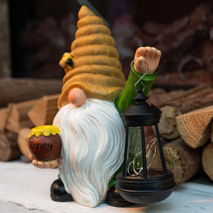 12.3''Solar Garden Gnomes Outdoor Decor Honey Bee jar Gnome Statues with LED Lantern Xmas Patio Lawn Yard Art Decoration Birthday Christmas Gardening Gifts for Mom Dad, Bee Gnome