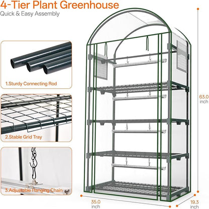 Bstrip Indoor Greenhouse with Grow Light, 4-Tier Mini Green House, 4Pcs Grow Lights for Indoor Plants with Timer, Zippered PVC Grow Tent with Airflow Windows, Indoor Greenhouse Cabinet 35x19.3x63in