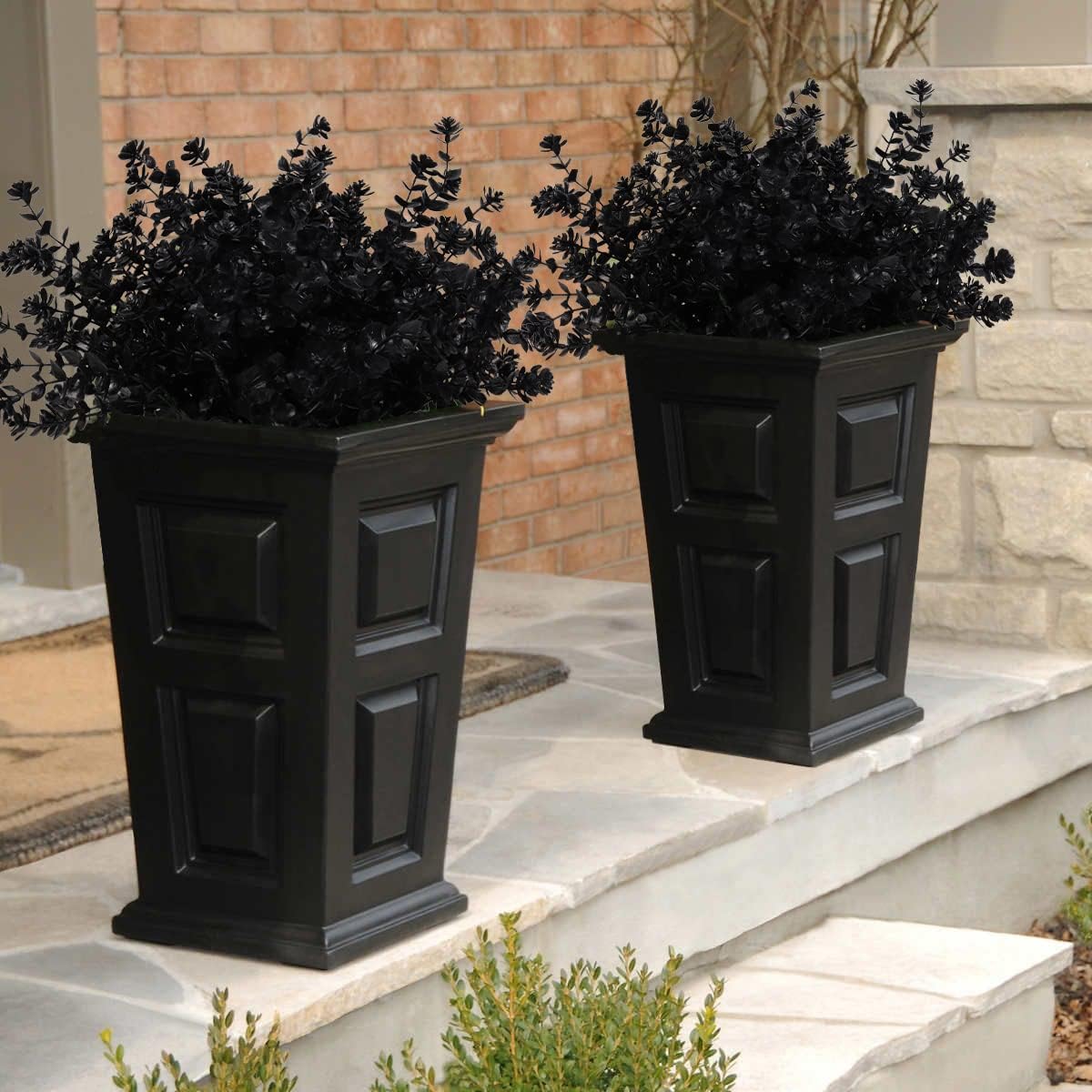 Black Artificial Flowers, Fake Outdoor UV Resistant Plants Faux Plastic Greenery Shrubs Indoor Outside Hanging Planter Home Kitchen Office Wedding, Garden Decor (Black)