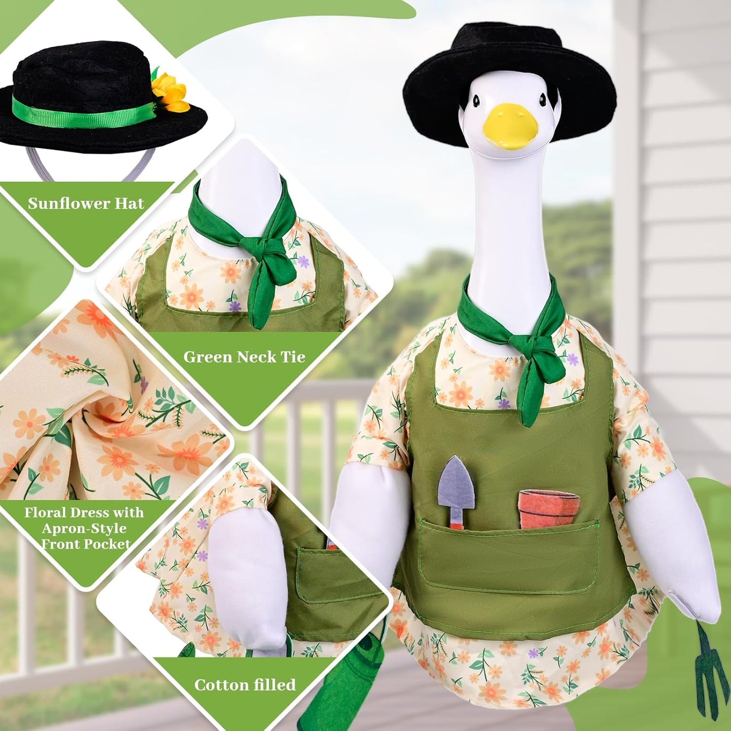 Gardener Goose Outfit for 23” Porch Goose Statue – Cute Lawn Goose Clothes for Outdoor Garden, Patio, Yard, Seasonal Decoration (Gardening Theme)