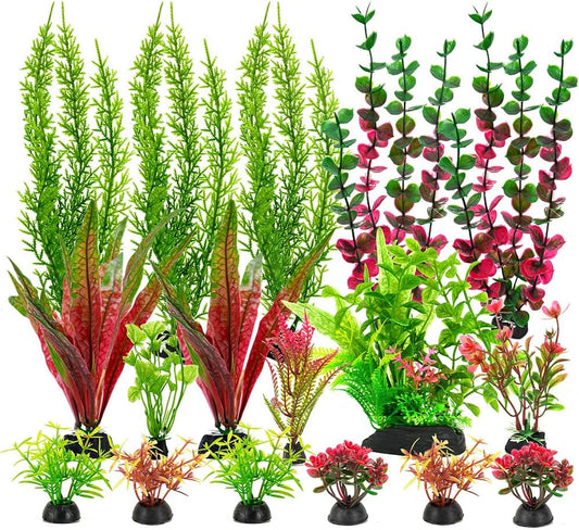 18-Piece Artificial Aquarium Plants Decorations – Large Set with Red & Green Foliage, Fish Tank