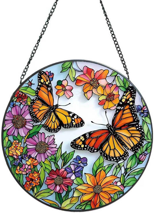 Suncatcher Stained Glass Window Hanging - Butterfly Glass Panel with Metal Chain and Hooks Handmade