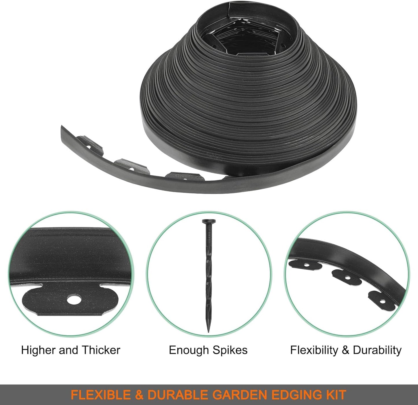 Garden Edging - 100 Feet Plastic Landscaping Edging Border with 93 Pack Spikes Apply to Flower Beds/Grass Lawn/Yard (1.57Inches Tall, Black)