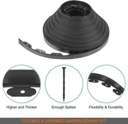Garden Edging - 100 Feet Plastic Landscaping Edging Border with 93 Pack Spikes Apply to Flower Beds/Grass Lawn/Yard (1.57Inches Tall, Black)