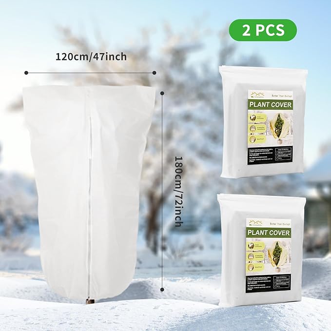 2 Pack 72"x47" Winter Plant Cover Freeze Protection, 3 oz/yd² Warm Shrub Covers with Zipper Drawstring, Frost Cloth Blankets for Fruit Tree Potted Plants Garden Cold Weather Protector