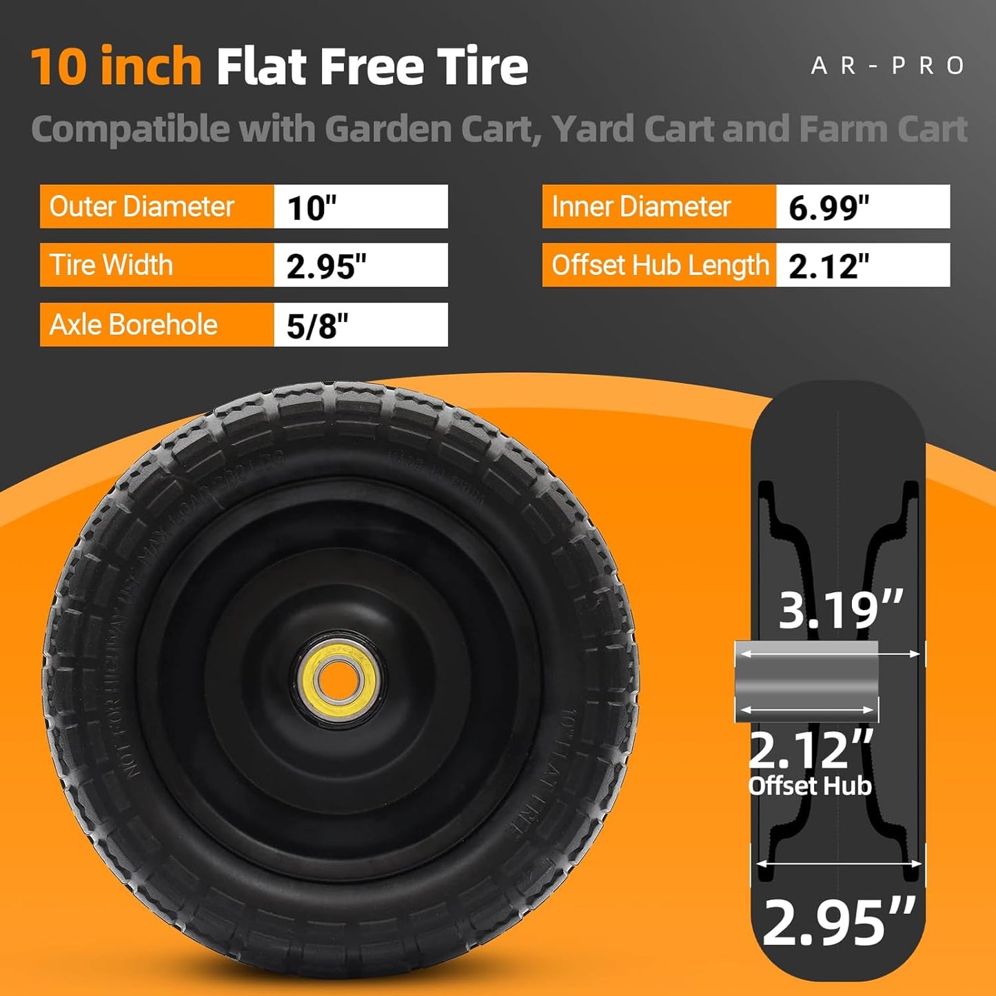 AR-PRO (2-Pack) 10" Flat Free Solid Tire and Wheel - with 5/8" Axle Bore Hole, 2.1" Offset Hub for 10 Inch Wheelbarrow Wheels - Compatible with Garden Cart,Trolleys,Hand Trucks and Yard Trailers