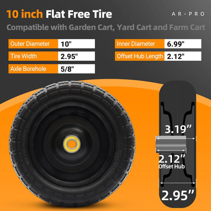 AR-PRO (2-Pack) 10" Flat Free Solid Tire and Wheel - with 5/8" Axle Bore Hole, 2.1" Offset Hub for 10 Inch Wheelbarrow Wheels - Compatible with Garden Cart,Trolleys,Hand Trucks and Yard Trailers