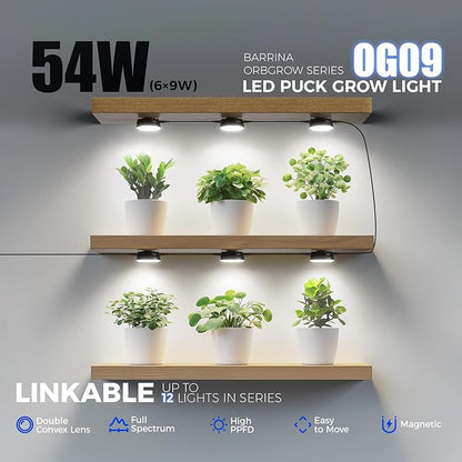 Barrina Orbgrow OG09 Puck LED Grow Light, 5000K 54W(6 x 9W, 810 Watt Equiv), Plant Lights for Indoor Plants Full Spectrum, Magnetic & Linkable, Small Grow lamp, Perfect for Plant Shelf, 6 Packs, Black