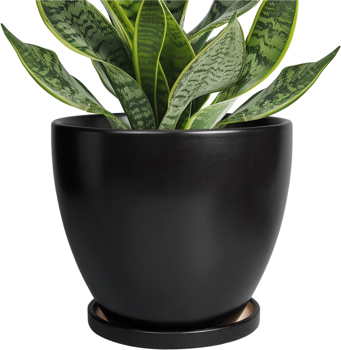 Ceramic Pots for Plants - 6.8 Inch Plant Pot with Drainage Hole and Saucer, Succulent Round Flower Planters for Indoor, Home Decor, Black