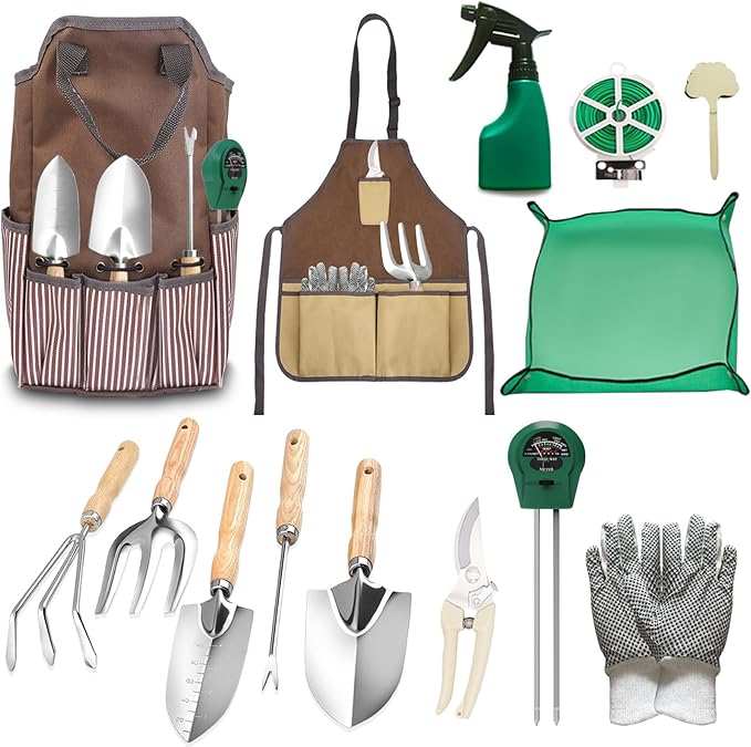 14 PCS Garden Tool Set with Soil Moisture Meter, Stainless Stell Heavy Duty Gardening Hand Tools with Wood Handle, Tote Bag, Repotting Mat, Gardening Tool Set Ideal Gift for Women and Men