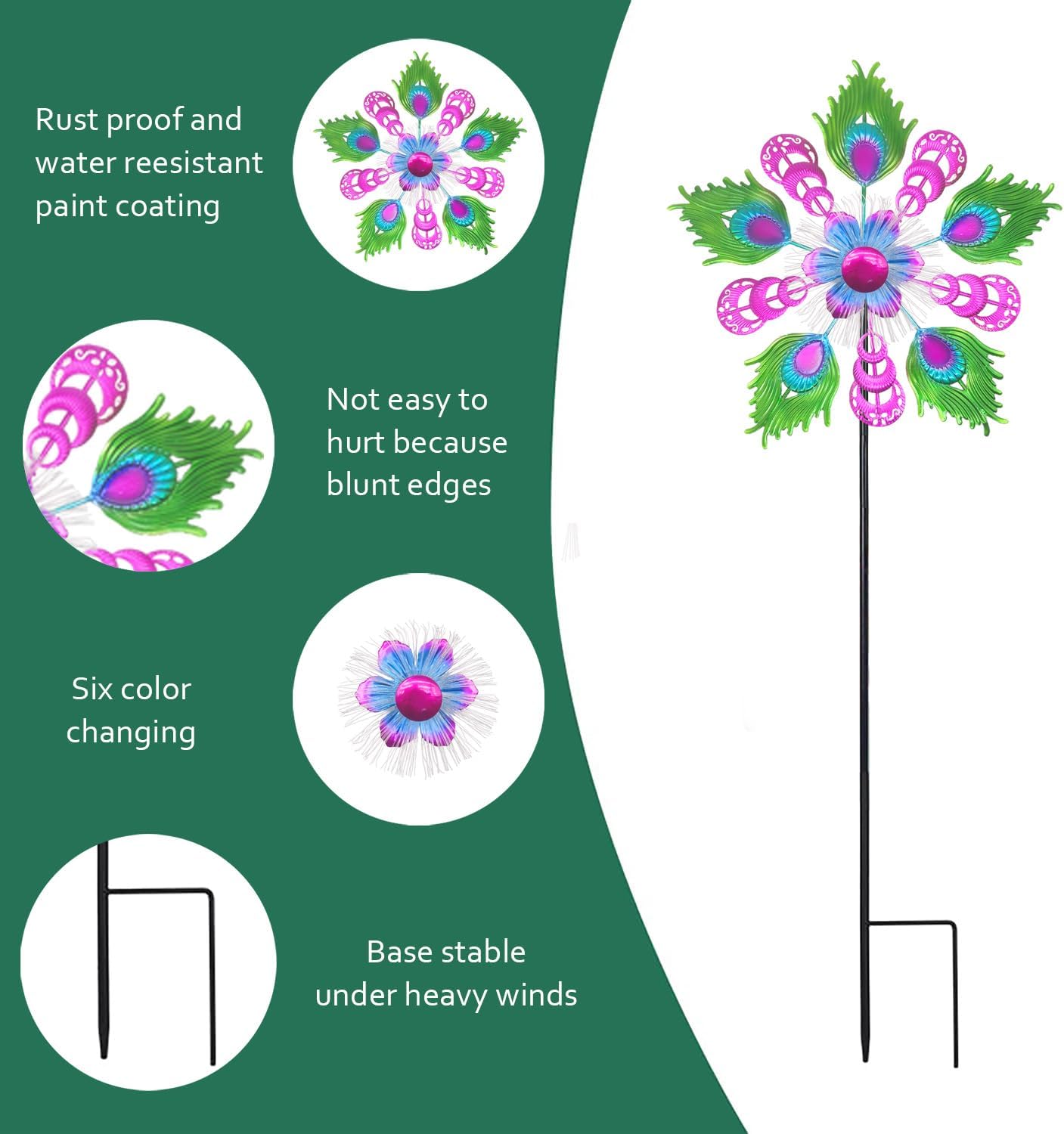 Solar Peacock Wind Spinners for Yard & Garden - 40 Inch Metal Wind Sculpture, Kinetic Windmill with Multi Color LED Lights, Lawn & Patio Art Decor