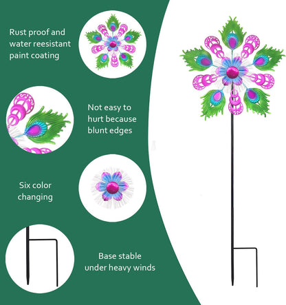 Solar Peacock Wind Spinners for Yard & Garden - 40 Inch Metal Wind Sculpture, Kinetic Windmill with Multi Color LED Lights, Lawn & Patio Art Decor