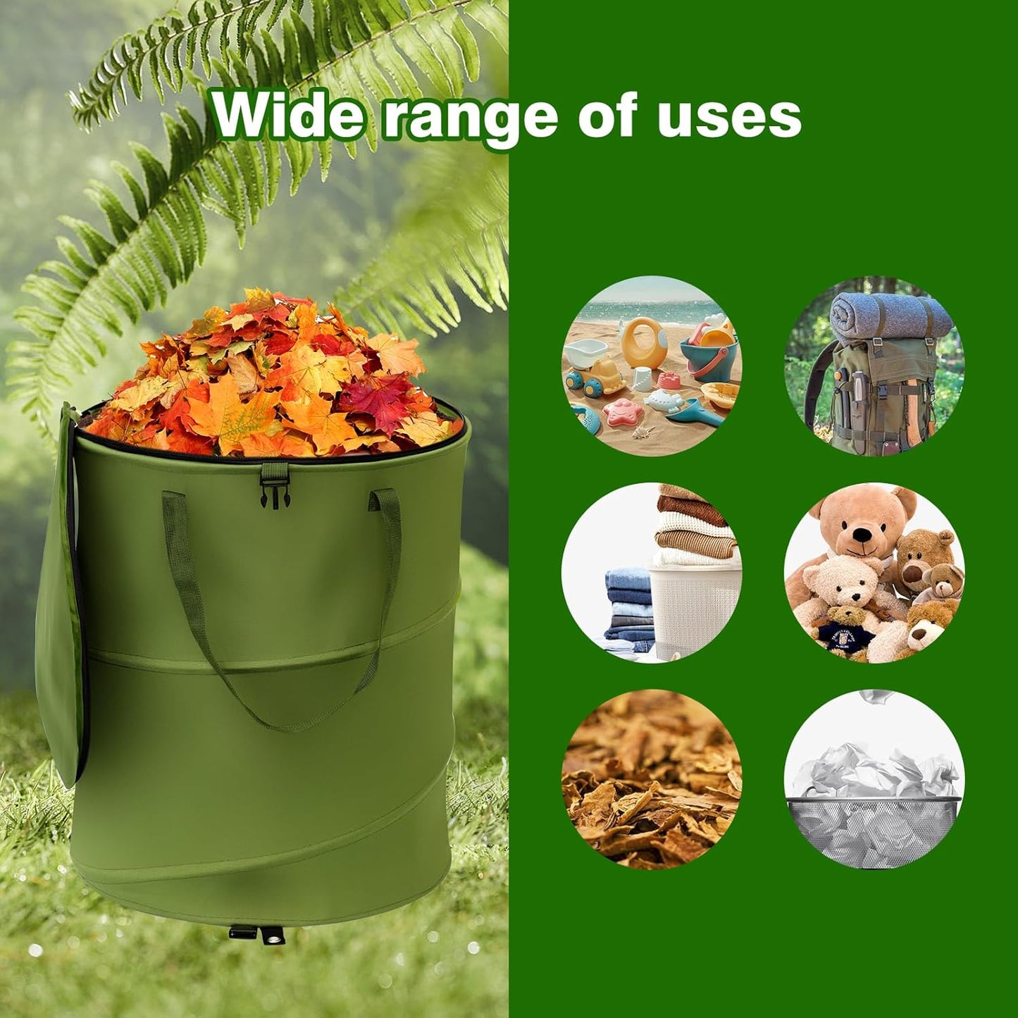 Reusable Lawn and Leaf Garden Bag, Collapsible/Pop Up Trash Can, 18x22 In Garbage Can and Recycling Bin with Lid for Home Storage, Laundry, Camping, Garden (2Pcs-Green 24 Gallons)