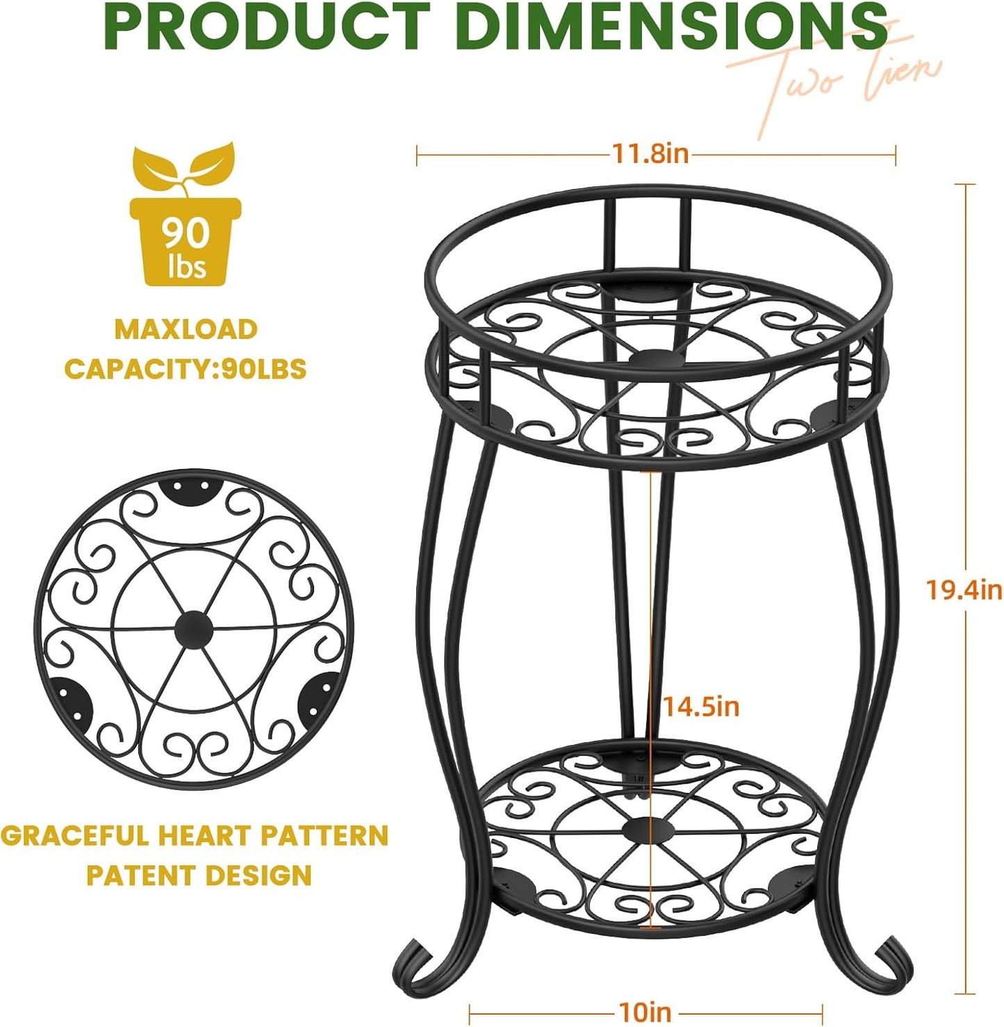 2 Tier Metal Plant Stand Indoor Outdoor , Rustproof Stable Plant Stands Multiple Plant Rack Holder Flower Pot Stand for Living Room Balcony Garden Patio Bedroom (Black, 19.5)