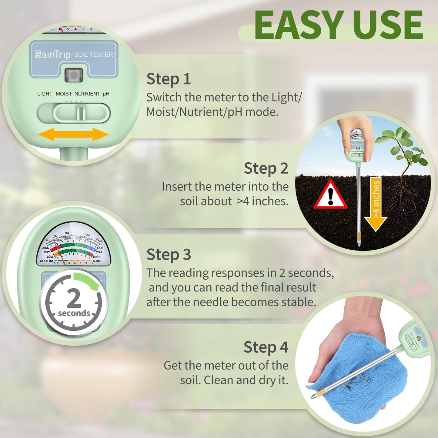 Soil Moisture Meter,4-in-1 Soil Ph Meter, Soil Tester for Moisture, Light,Nutrients, pH,Soil Ph