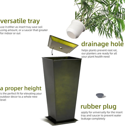 KOL Galvanized Steel Planter 25''H. with Saucer, Bright Glazed Planter with Drainage Hole, Set of 2, Tall Pots for Indoor & Outdoor Use, Decorative Flower Plant Pots for Porch, Patio, Deck - Green