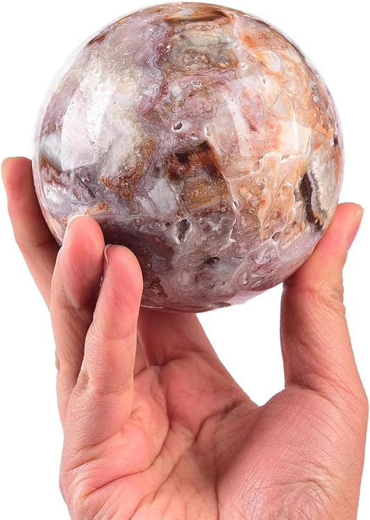 JIC Gem Large Striped Agate Crystal Sphere with Stand Gemstone Decorative Ball for Home Decor Altar Reiki Healing Gift 80-90mm